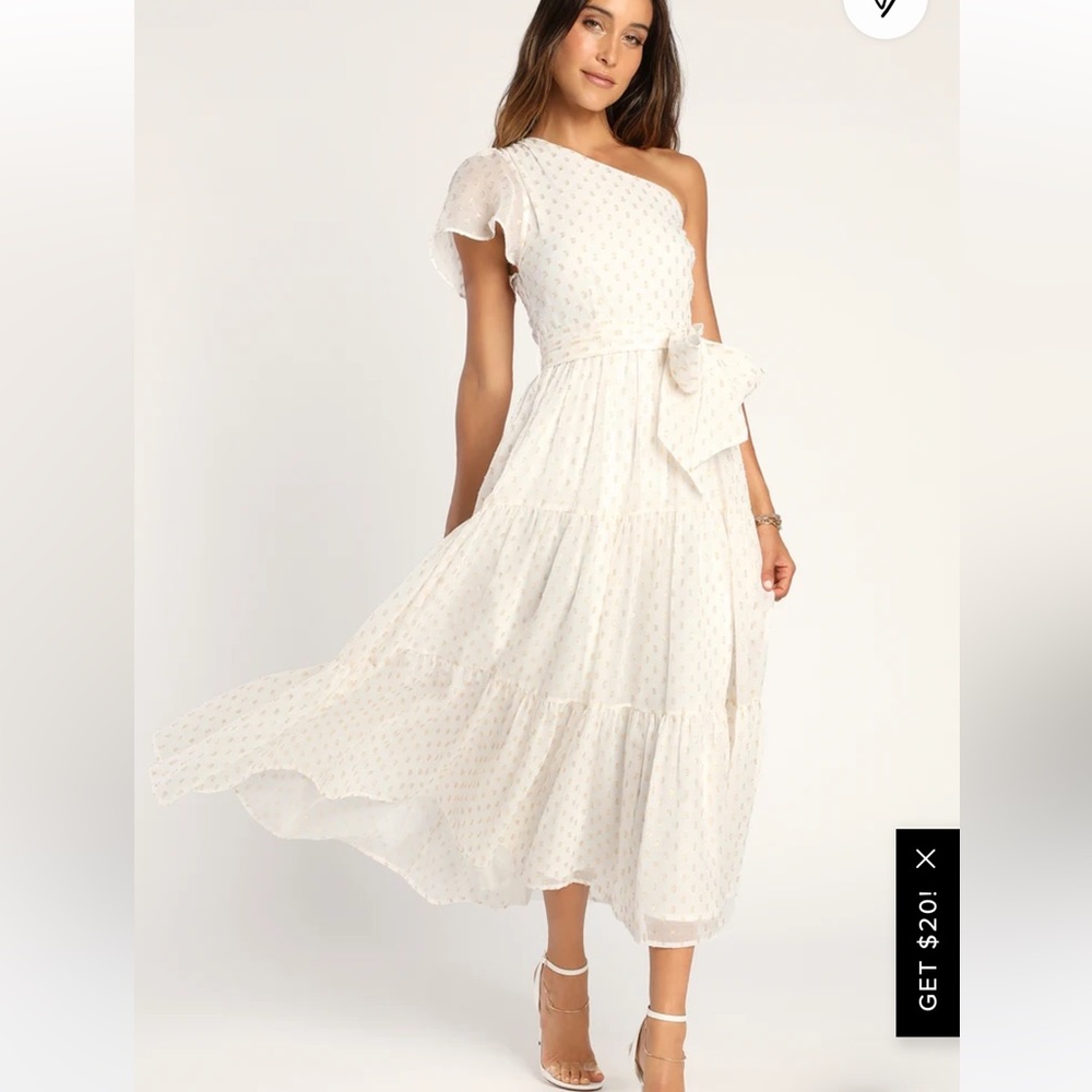 Shining Sight White Metallic Gold Dotted One-Shoulder Midi Dress XS